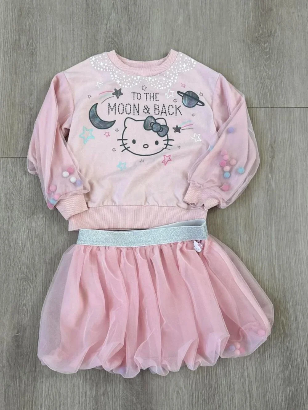 Girls Size 6 Hello Kitty Pink To the Moon & Back Sweatshirt & Tulle Skirt Outfit
